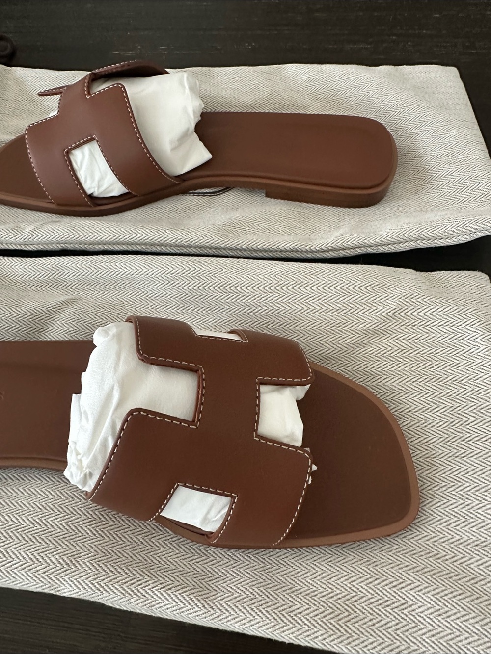 Hermes Gold Leather Oran Sandals - Women